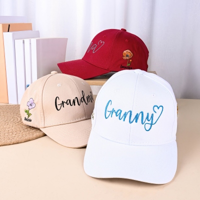 Personalized Embroidered Names & Birth Flowers Baseball Cap, Women's Floral Adjustable Hat, Birthday/Mother's Day Gift for Her/Mom/Grandma/Family