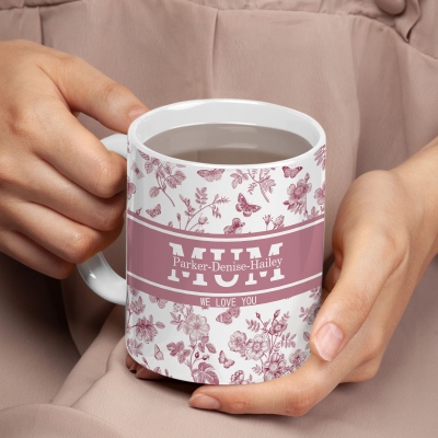 Personalized Toile de Jouy Mom/Nana Mug with Kids' Names, 11oz Ceramic Coffee Tea Mug,  Birthday/Christmas/Mother's Day Gift for Wife/Mom/Grandma