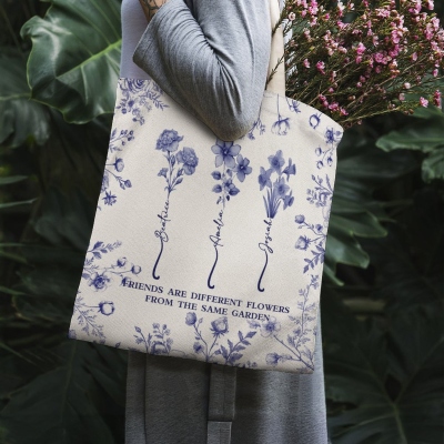 Custom Names & Birth Flowers Toile de Jouy Friendship Tote Bag, Large Capacity Multicolor Canvas Bag, Birthday/Anniversary Gift for Besties/Friends