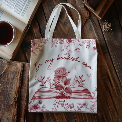 Custom Name & Birth Flower Toile de Jouy in My Bookish Era Tote Bag, Large Capacity Multicolor Canvas Bag, Birthday Gift for Her/Book Lovers/Friends
