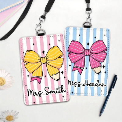 Custom Name Striped Pencil Bow Leather ID Badge Holder with Lanyard, Card Holder Teacher Accessories, Appreciation/Back to School Gift for Teachers
