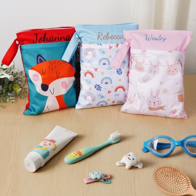 Personalized Name Embroidered Cartoon Animal Wet & Dry Dual-Use Bag, Children's Waterproof Clothing Storage Bag, Back to School/Birthday Gift for Kids