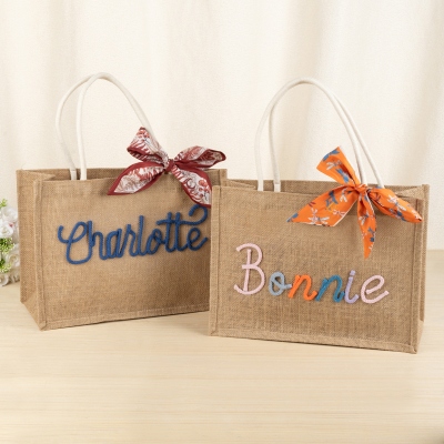 Personalized Name Yarn Tote Bag with Embroidered Initial Ribbon, Burlap Beach Bag, Bridal Shower Favor, Wedding Gift for Bridesmaids/Besties