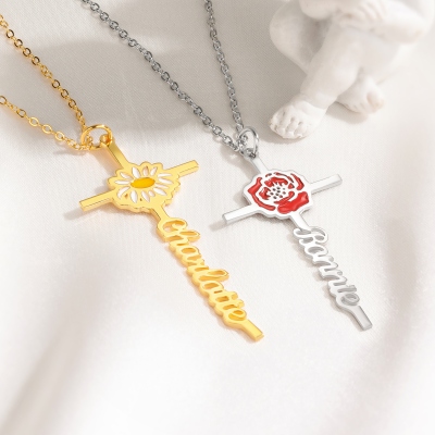 Personalized Name Enamel Birth Flower Cross Necklace, Sterling Silver 925 Women's Christian Jewelry, Birthday/Mother's Day/Baptism Gift for Her/Mom