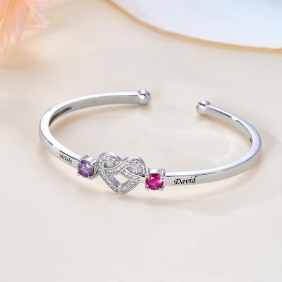 Personalized Love Knot Bangle with Names & Birthstones, Dainty Open Cuff Adjustable Bangle, Anniversary/Valentine's Day Gift for Her/Couple/Bestie