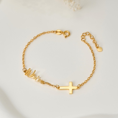 Custom Name Cross Bracelet, Dainty Cross Charm Adjustable Bracelet, Sterling Silver 925 Christian Jewelry, Baptism/Christmas Gift for Her/Women/Girls