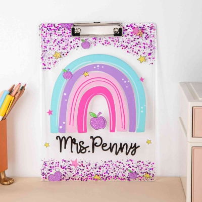 Personalized Name Glitter Rainbow Acrylic Teacher Clipboard, School Supplies, Back to School/End of Year/Appreciation Gift for Teachers/Educators