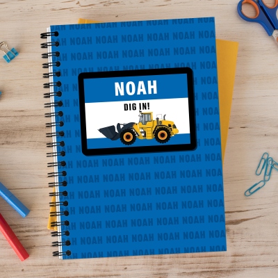 Personalized Name Cloud Truck/Loader Design Notebook, A5 Spiral Journal with 120 Lined Pages, Back to School/Birthday Gift for Kids/Boys/Truck Lovers