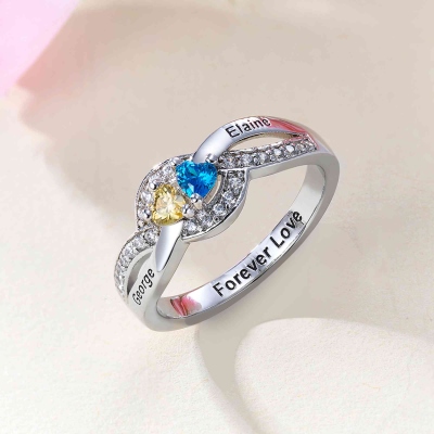 Personalized Engraved Twisted Band Ring with Two Names & Heart Birthstones, Dainty Promise Ring, Valentine's Day/Anniversary Gift for Her/Wife/Bestie