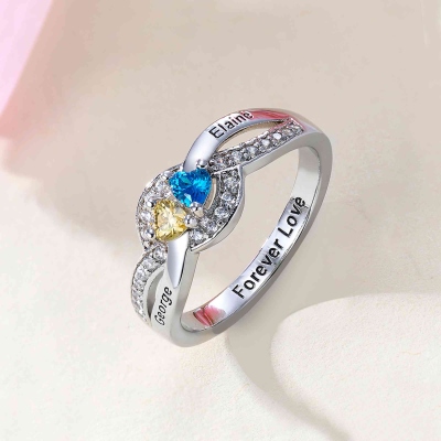 Personalized Engraved Twisted Band Ring with Two Names & Heart Birthstones, Dainty Promise Ring, Valentine's Day/Anniversary Gift for Her/Wife/Bestie