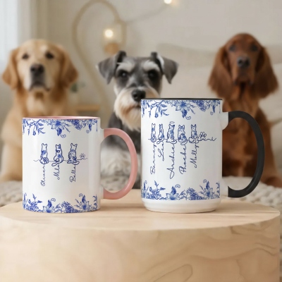Custom Names Toile de Jouy 1-7 Dogs Memorial Mug, 11oz/15oz Two Tone Ceramic Coffee Tea Mug with Coaster, Birthday/Anniversary Gift for Dog Mom/Dad