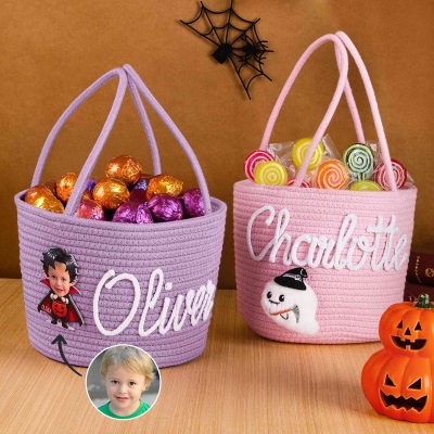 Personalized Name Yarn Halloween Candy Basket with Photo/Doll Ornament, Large Capacity Trick-or-Treat Bucket Bag with Handle, Halloween Gift for Kids