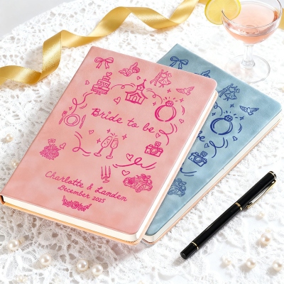 Personalized Couple Names Romantic Doodle Notebook with Date, A5 Leather Wedding Planner, Bridal Shower Favor, Gift for Engaged Women/Brides to Be