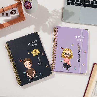 Personalized Cartoon Character Planner Notebook with Name and Birth Flower, Weekly Planner Page Planner Notebook, Birthday Gift for Family/Friends