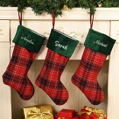 Personalized Name Embroidered Plaid Christmas Stocking, Velvet Family Stocking, Holiday Party Favor, Home Decor, Christmas Gift for Family/Kids