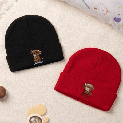Personalized Embroidered Highland Cow Cuffed Beanie with Name, Unisex Knit Beanie Hat for Adults/Kids, Birthday/Christmas Gift for Highland Cow Lovers