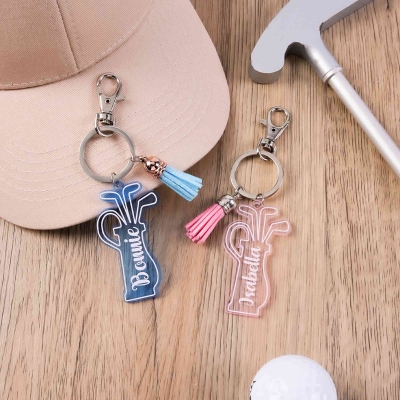 Custom Name Golf Club & Cart Bag Keychain with Tassel, Acrylic Golf Keyring, Bag Name Tag, Birthday/Anniversary Gift for Golf Lovers/Players/Coaches