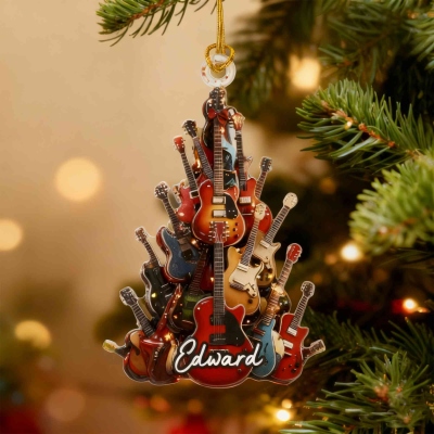 Personalized 2D Flat Guitar Christmas Ornament with Name, Acrylic Xmas Tree Hanging Decoration, Christmas Gift for Music Lovers/Guitar Players