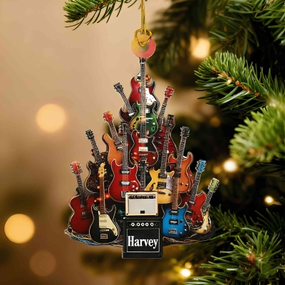 Personalized Name 2D Flat Electric Guitar Christmas Ornament, Acrylic Xmas Tree Hanging Decoration, Christmas Gift for Music Lovers/Guitarists