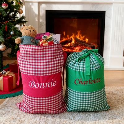 Custom Name Embroidered Christmas Plaid Gift Bag, 20*28