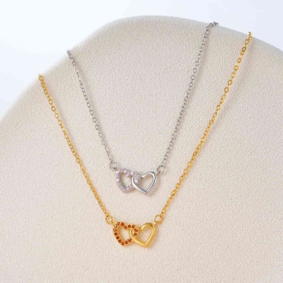 Personalized Two Interlocking Hearts Necklace with Birthstone, Sterling Silver 925 Jewelry, Birthday/Mother's Day/Anniversary Gift for Her/Mom/Bestie