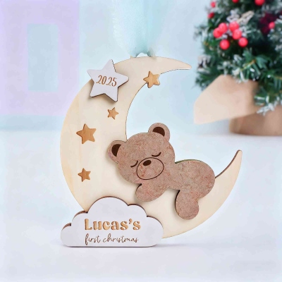 Personalized Name Bear Sleeping on Moon Baby's First Christmas Ornament, Wooden Holiday Tree Hanging Decor, Christmas Gift for Newborns/New Parents