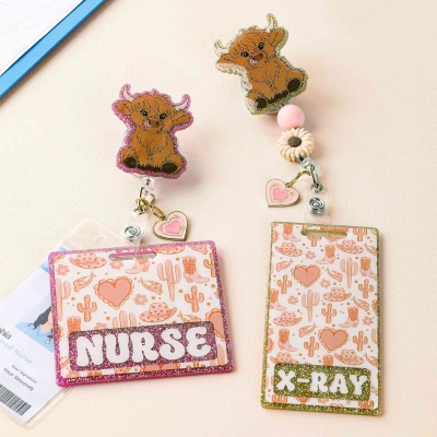 Personalized Western Cowgirl Style Highland Cow Glitter Badge Reel & Badge Buddy with Heart Charm, Appreciation/Birthday Gift for Nurses/Medical Staff