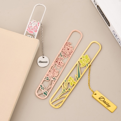 Personalized 3D Cut Birth Flower Bookmark with Name Charm, Stainless Steel Floral Bookmark, Book Accessory, Birthday Gift for Book Lovers/Women
