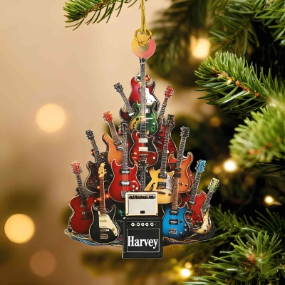 Personalized 2D Flat Electric Guitar Christmas Ornament with Name, Acrylic Xmas Tree Hanging Decoration, Christmas Gift for Music Lovers/Guitarists
