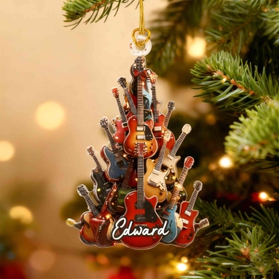 Personalized 2D Flat Guitar Christmas Ornament with Name, Acrylic Xmas Tree Hanging Decoration, Christmas Gift for Music Lovers/Guitar Players