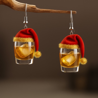 Christmas Whiskey Glass Earrings – Funny Santa Hat Holiday Jewelry Gift for Women