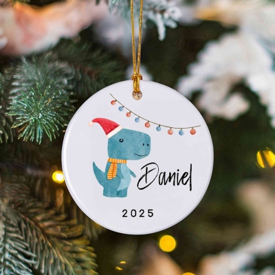 Personalized Name Cartoon Dinosaur Christmas Ornament with Year, Ceramic Christmas Tree Hanging Decor, Christmas Gift for Kids/Dinosaur Lovers