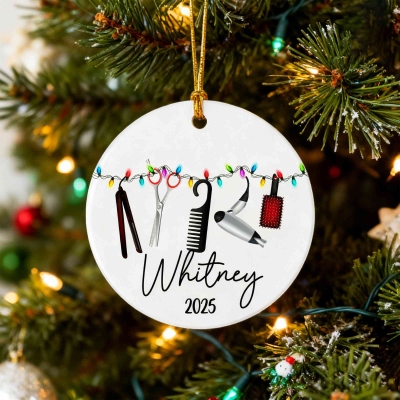 Personalized Name Hairdressing Tools Christmas Ornament with Year, Ceramic Holiday Tree Hanging Decor, Christmas Gift for Hairstylists/Barbers
