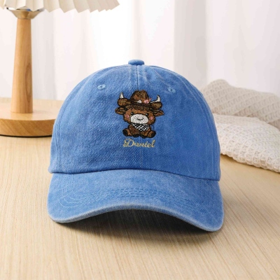 Personalized Embroidered Highland Cow Baseball Cap with Name, Vintage Cotton Adjustable Trucker Hat, Birthday/Christmas Gift for Highland Cow Lovers