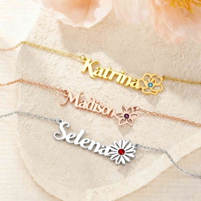 Personalized Name Birth Flower Necklace with Birthstone, Sterling Silver 925 Women's Jewelry, Birthday/Mother's Day/Anniversary Gift for Her/Mom/BFF