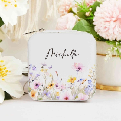 Personalized Name Watercolor Flower Jewelry Box, PU Leather Travel Jewelry Case, Portable Jewelry Organizer, Gift for Her/Mom/Bridesmaids/Women