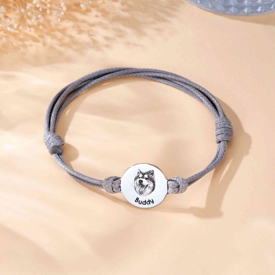 Personalized Engraved Pet Portrait Bracelet with Name, Leather Pet Loss Bracelet with Disc Charm, Pet Memorial Jewelry, Gift for Pet Owners/Lovers