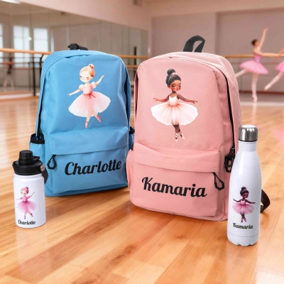 Personalized Cartoon Ballet Girl School Bag with Name, Backpack Drawstring Bag Water Bottle Set, Sports Accessory, Birthday Gift for Ballet Lovers