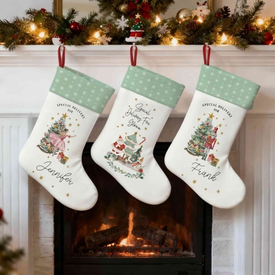 Custom Name Green & White Snowflakes Special Delivery Christmas Stocking, Fireplace Xmas Decor, Tree Hanging Ornament, Christmas Gift for Family/Kids