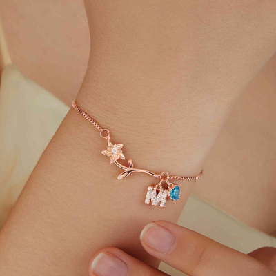 Personalized Birth Flower Bracelet with Initial & Heart Birthstone, Sterling Silver 925 Adjustable Bracelet, Birthday/Mother's Day Gift for Her/Mom