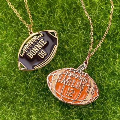 Personalized Name & Number Pumpkin Football Necklace, Sterling Silver 925 Rugby Pendant Necklace, Sports Jewelry, Gift for Sports Lovers/Players/Team