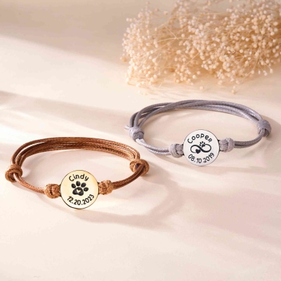 Personalized Name Pet Paw Print Bracelet, Leather Dog/Cat Loss Bracelet, Pet Memorial Jewelry, Birthday/Sympathy Gift for Pet Owners/Lovers