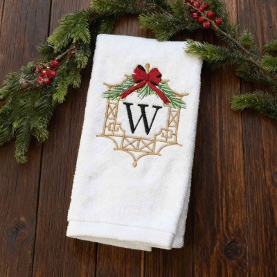 Custom Embroidered Initial Bow Wreath Frame Hand Towel, Cotton Monogrammed Towel for Bathroom, Holiday Decor, Housewarming/Christmas Gift for Family