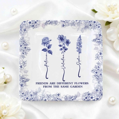 Personalized Birth Flowers Toile de Jouy Jewelry Dish with Friends' Names, Square Ceramic Trinket Tray, Birthday/Anniversary Gift for Besties/Sisters