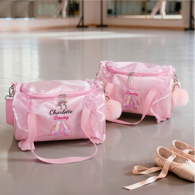 Personalized Name Embroidered Ballet Shoes Girl's Dance Bag with Pink Lace & Pom Pom Charm, Birthday/Christmas Gift for Little Ballerinas/Dance Lovers