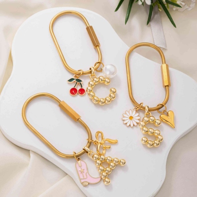 Personalized Gold Bubble Initial Bag Charm Keychain with Cherry Pearl/Boot Bow/Daisy Heart, Bridal Party Favor, Gift for Family/Friends/Bridesmaids