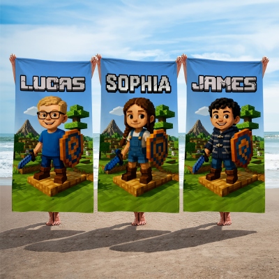 Personalized Photo Pixel-Style Beach Towel with Name, Quick Dry Microfiber Bath Towel, Beach/Pool Party Favor, Gift for Kids/Boys/Video Game Lovers