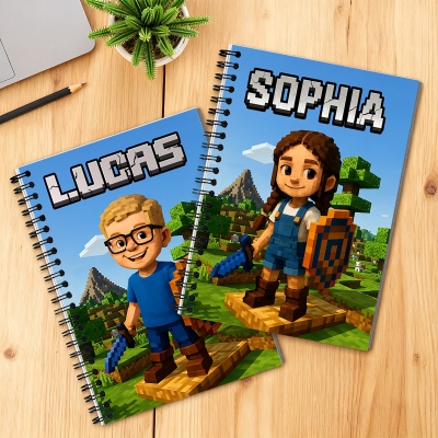 Personalized Photo & Name Pixel-Style Notebook, A5 Spiral Notebook, Back to School/Birthday/Christmas Gift for Kids/Students/Boys/Video Game Lovers