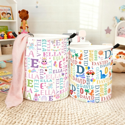 Custom Name & Initial Cartoon Design Word Cloud Storage Basket with Handle, Large Capacity Laundry Basket for Nursery/Bathroom, Gift for Kids/Toddlers