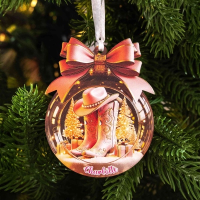 Personalized Name Western Cowgirl Christmas Ornament, Bow Cowboy Hat & Boots Design Acrylic Holiday Tree Hanging Decor, Christmas Gift for Cowgirls